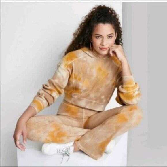 Wild Fable Cropped Hoodie Waffle Knit XS Brown TieDye Oversize Sweatshirt Casual - Picture 8 of 10